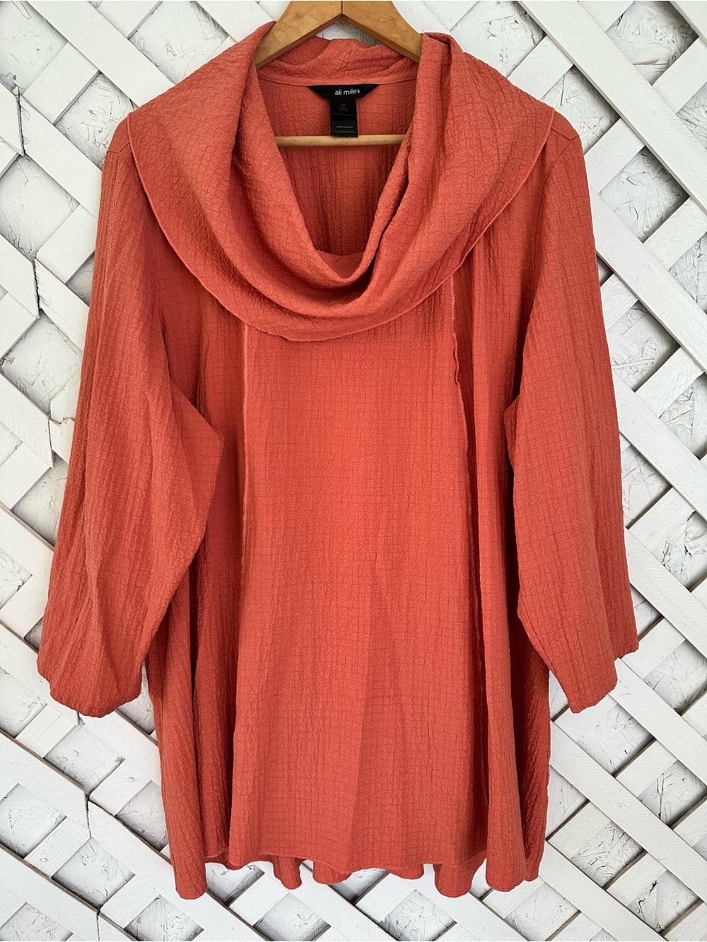 Ali Miles Salmon Textured Cowl Neck Tunic Top 3/4 Sleeve Lagenlook Artsy 2X
